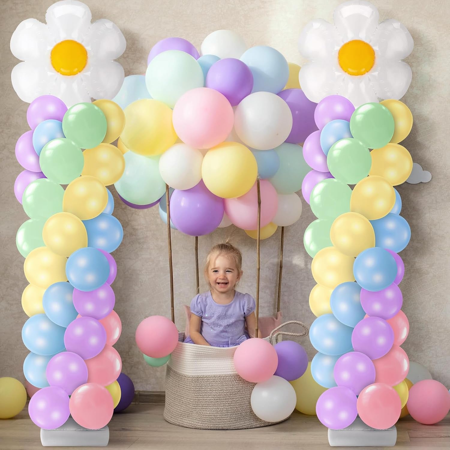 2 Sets Daisy Pastel Party Balloon Column Stand Kit, Adjustable Groovy Balloon Arch Stand Kit for Macaron Boho Summer Daisy Floral Theme Easter Party Decoration