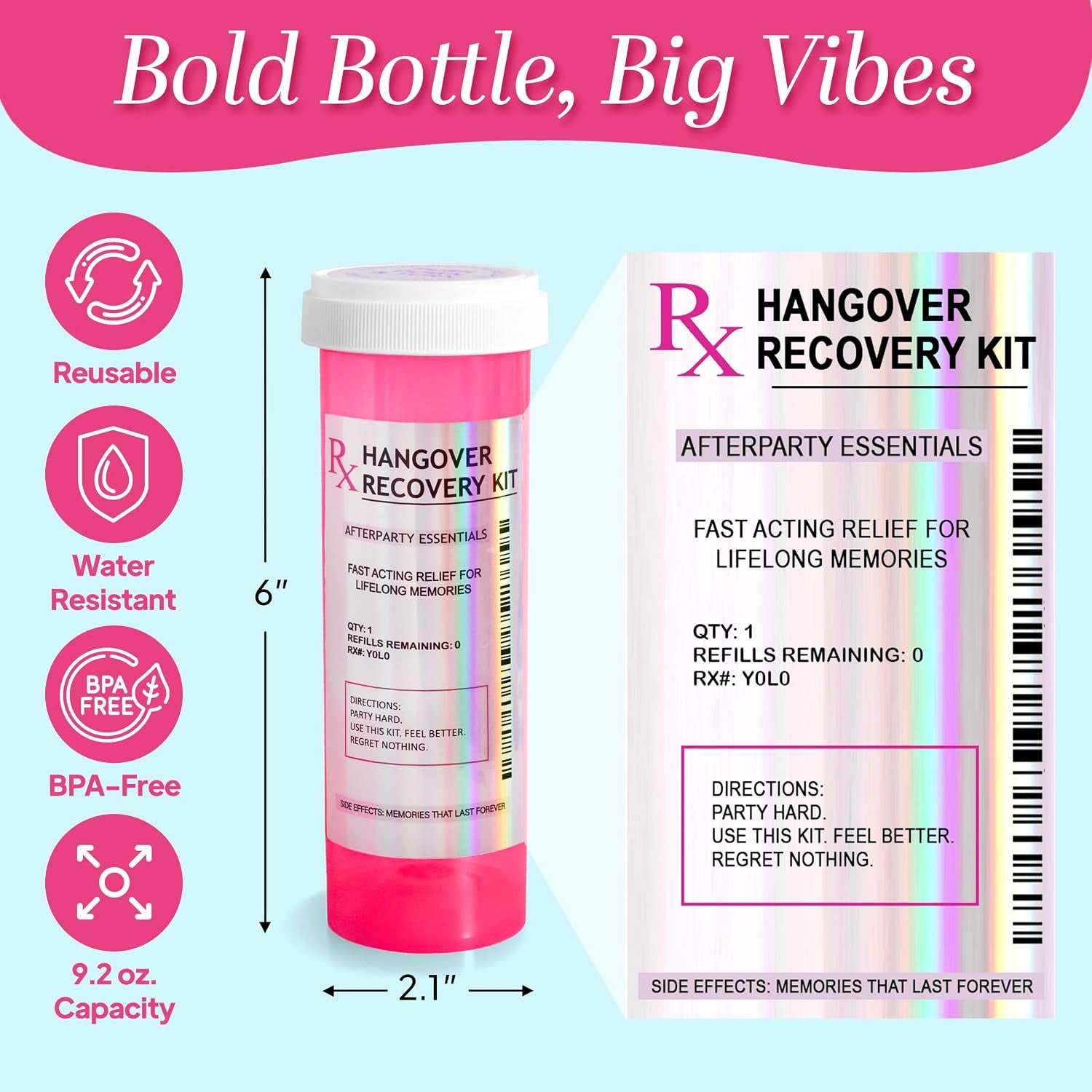 6 Pack Hangover Kit Party Favors in XL Pink Bottle | Bachelorette Party Favors, 21St Birthday & Bridesmaid Gifts | Funny Hangover Kit Supplies