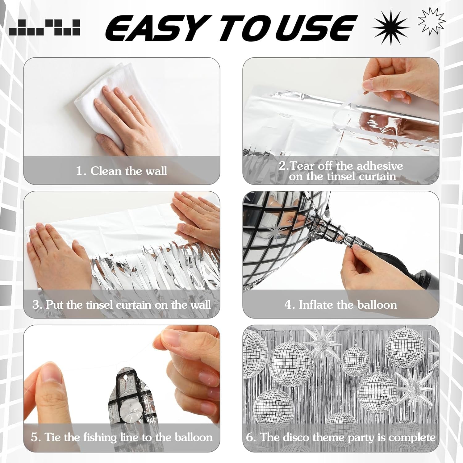 24 Pcs Silver Disco Party Decoration Sets 22'' 4D Disco Ball Star Balloons Shiny Metallic Tinsel Foil Fringe Curtains for Graduation Western Cowgirl Bride to Be Bachelorette Birthday