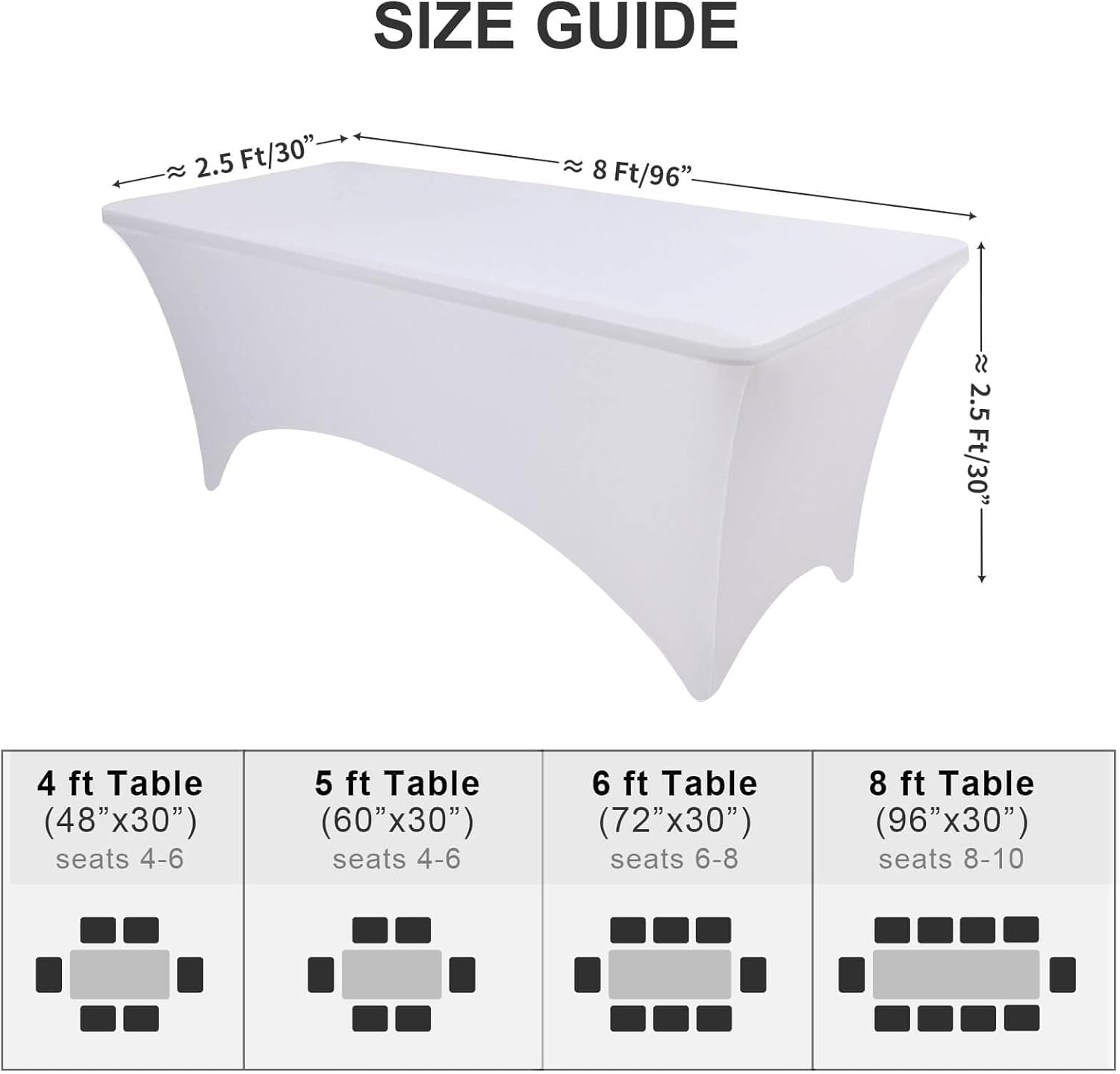 Fitted Rectangle Tablecloth White 8 Feet Table Clothes - Elastic Spandex Massage Bed Table Cover, Stretch Wrinkle Free Linens for Party, Wedding, Birthday, Banquet, Vendor