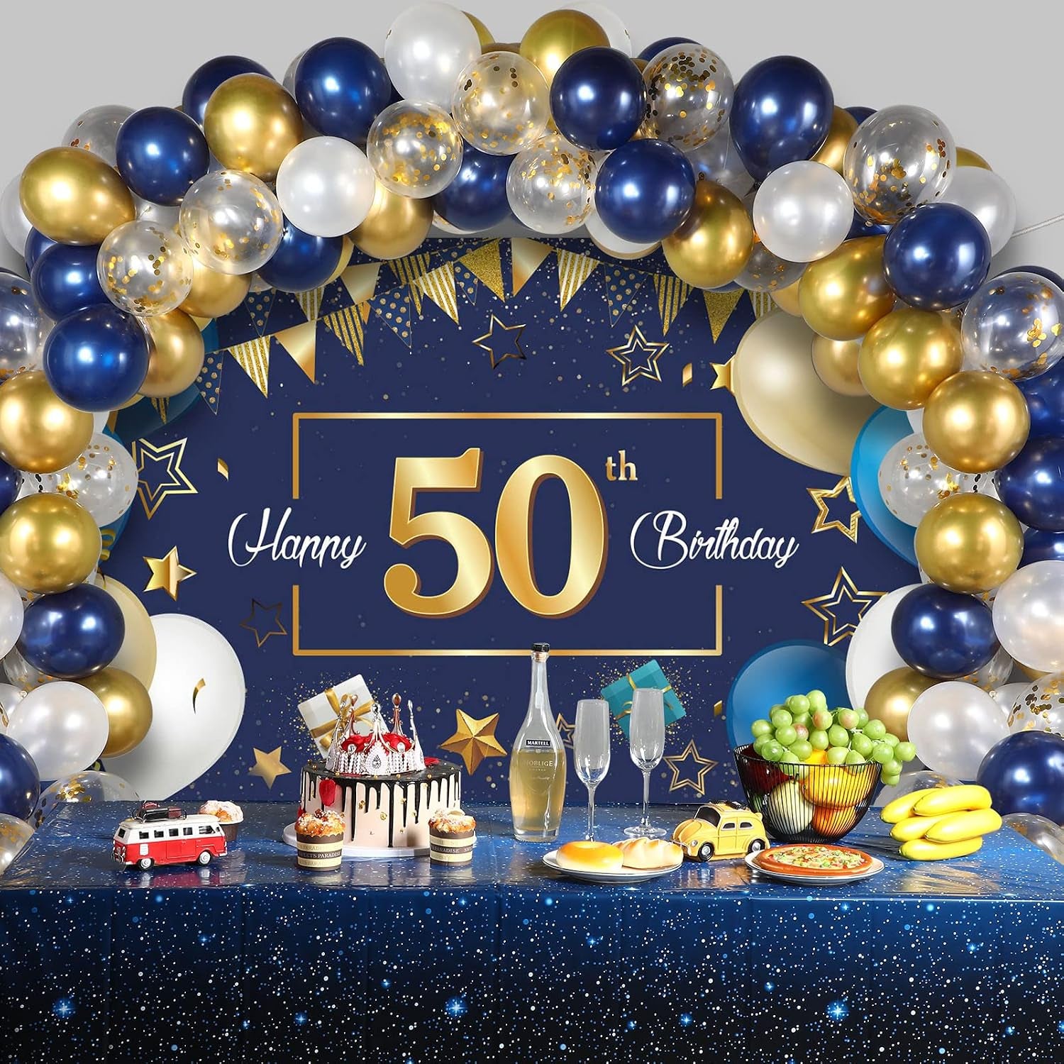 Navy Blue 50Th Happy Birthday Party Decorations Blue and Gold 50 Birthday Photography Backdrop Banner Confetti Balloons Arch Kit for Men Women 50Th Party Decorations Supplies