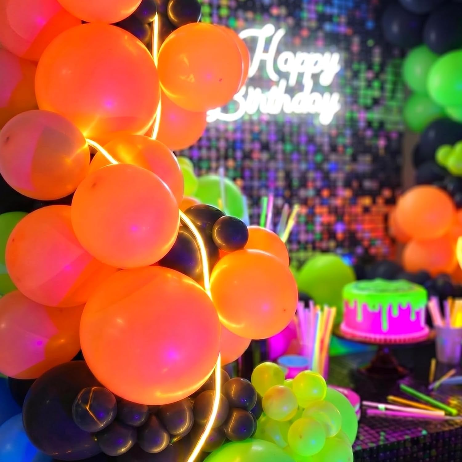 150 Pcs Neon Balloons Arch Garland Kit with Warm White LED Light Strip Glow in the Dark Party Decorations Colorful Fluorescent Balloons for Back to 80S 90S Glow Disco Party Decorations