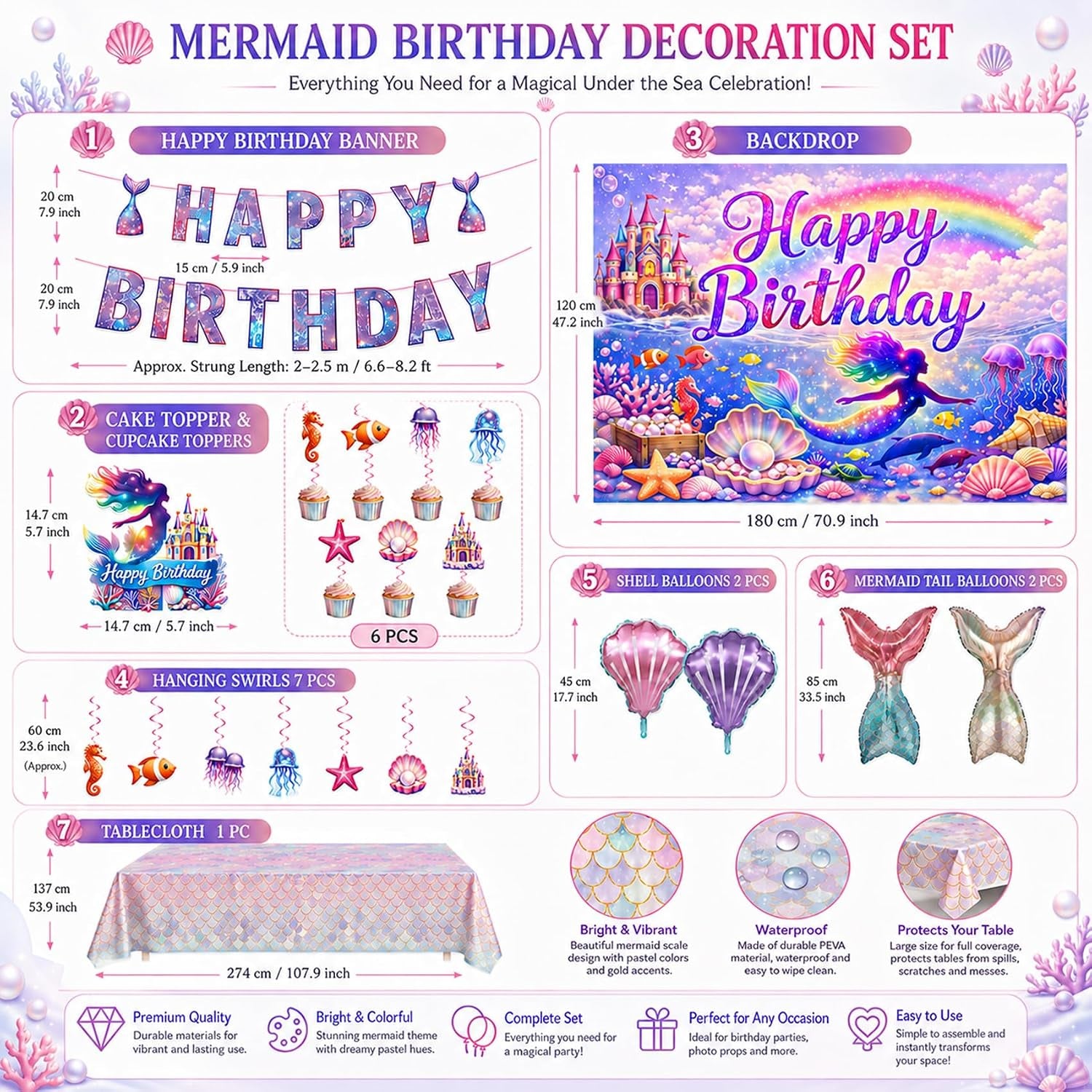 Mermaid Birthday Party Decorations Set, Sea Party Supplies with Happy Birthday Banner, Mermaid Backdrop,Tablecloth, Foil & Latex Balloons,Cake Toppers Hanging Swirls for Girls Birthday Party