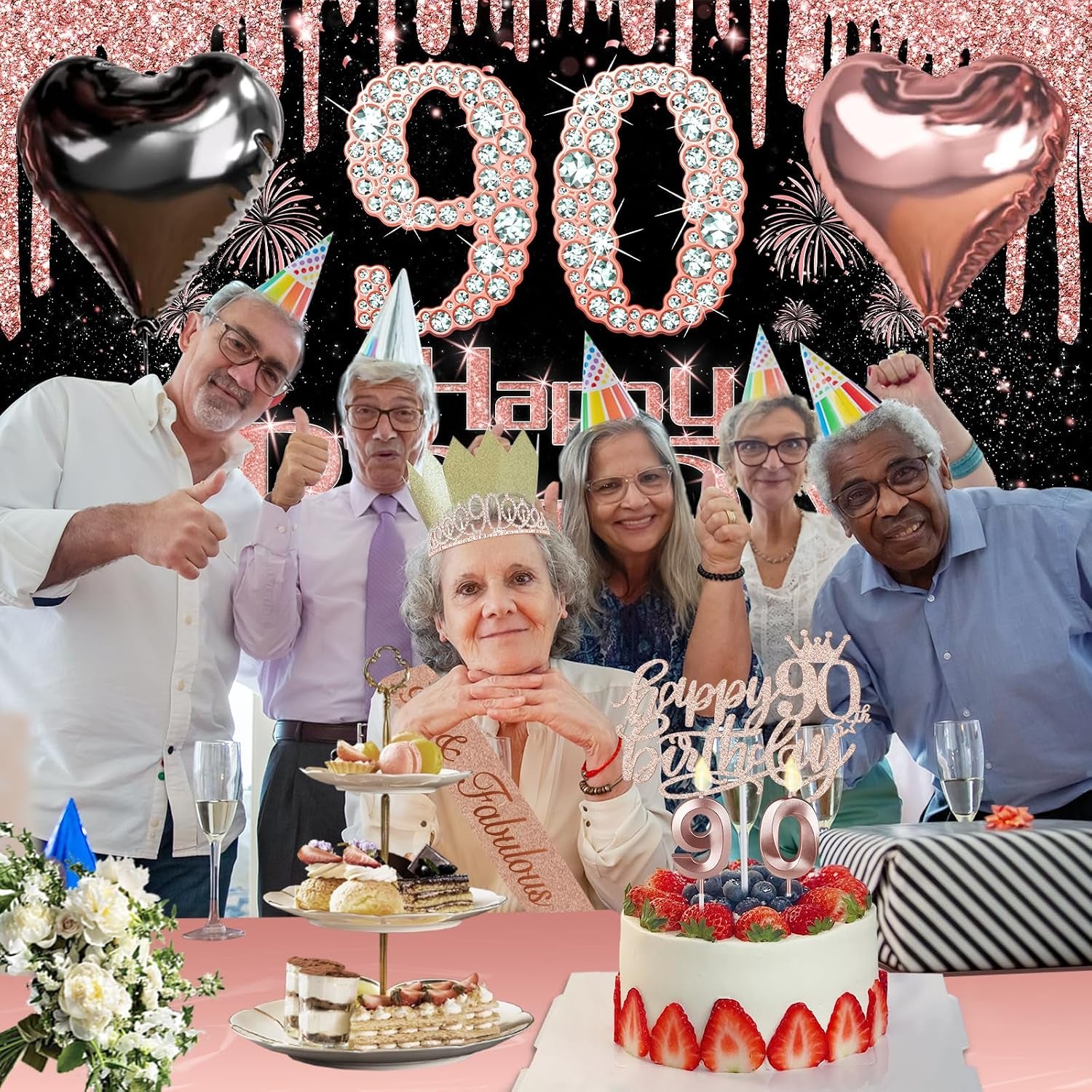 90Th Birthday Decorations for Women, 49Pcs Black Rose Gold Black Happy 90Th Birthday Banner, Tablecloth, Butterfly Decor, Sash and Tiara, Cake Topper, Candles, Balloons Arch
