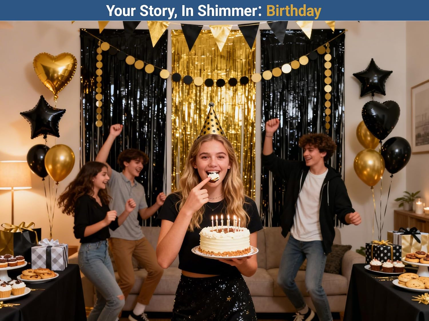 3-Pack Black Gold Foil Fringe Curtain,Party Decoration Streamer | 9.9*6.5Ft Party Backdrop,Birthday Tinsel,Happy Retirement Back Drop,Graduation ,Farewell,Summer Back to School