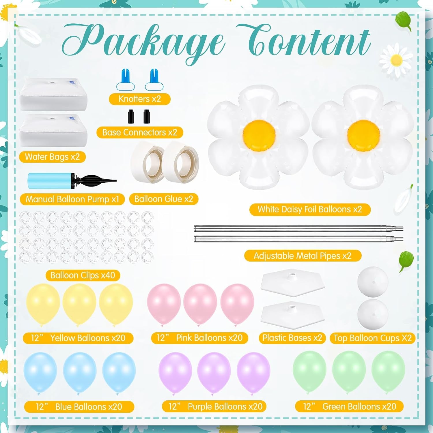 2 Sets Daisy Pastel Party Balloon Column Stand Kit, Adjustable Groovy Balloon Arch Stand Kit for Macaron Boho Summer Daisy Floral Theme Easter Party Decoration