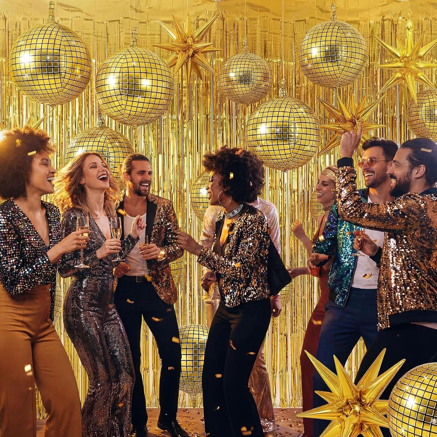 24 Pcs Gold Disco Party Decoration Sets 22'' 4D Ball Star Balloons Bright Metallic Tinsel Foil Fringe Curtains for Graduation Western Cowgirl Bride to Be Bachelorette