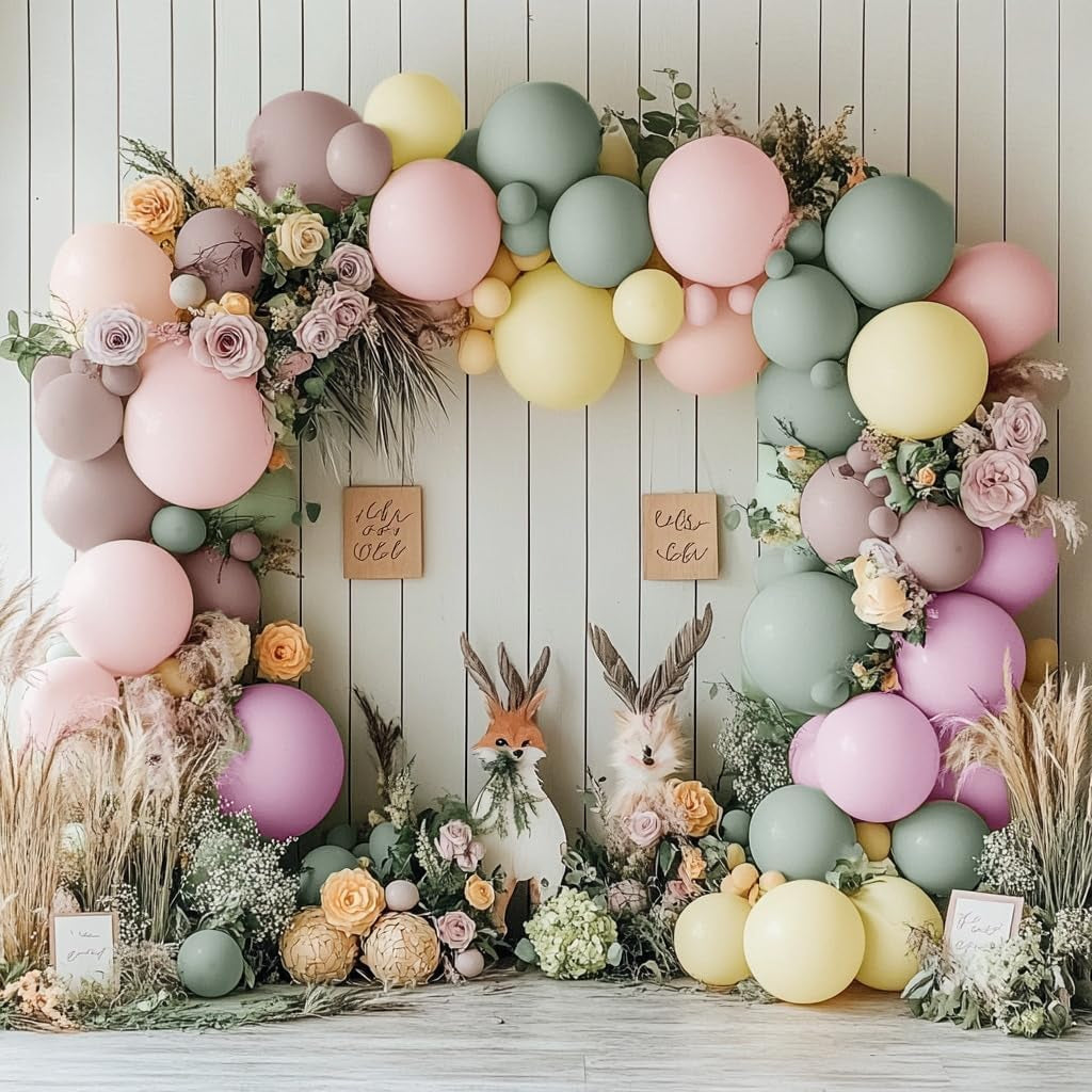 Dusty Green Pink Yellow Balloon Garland Double Stuffed Pastel Pink Yellow Haze Purple Green Floral Pastel Balloons Arch Kit for Birthday Wild Flower Tea Baby Shower Garden Party Decoration