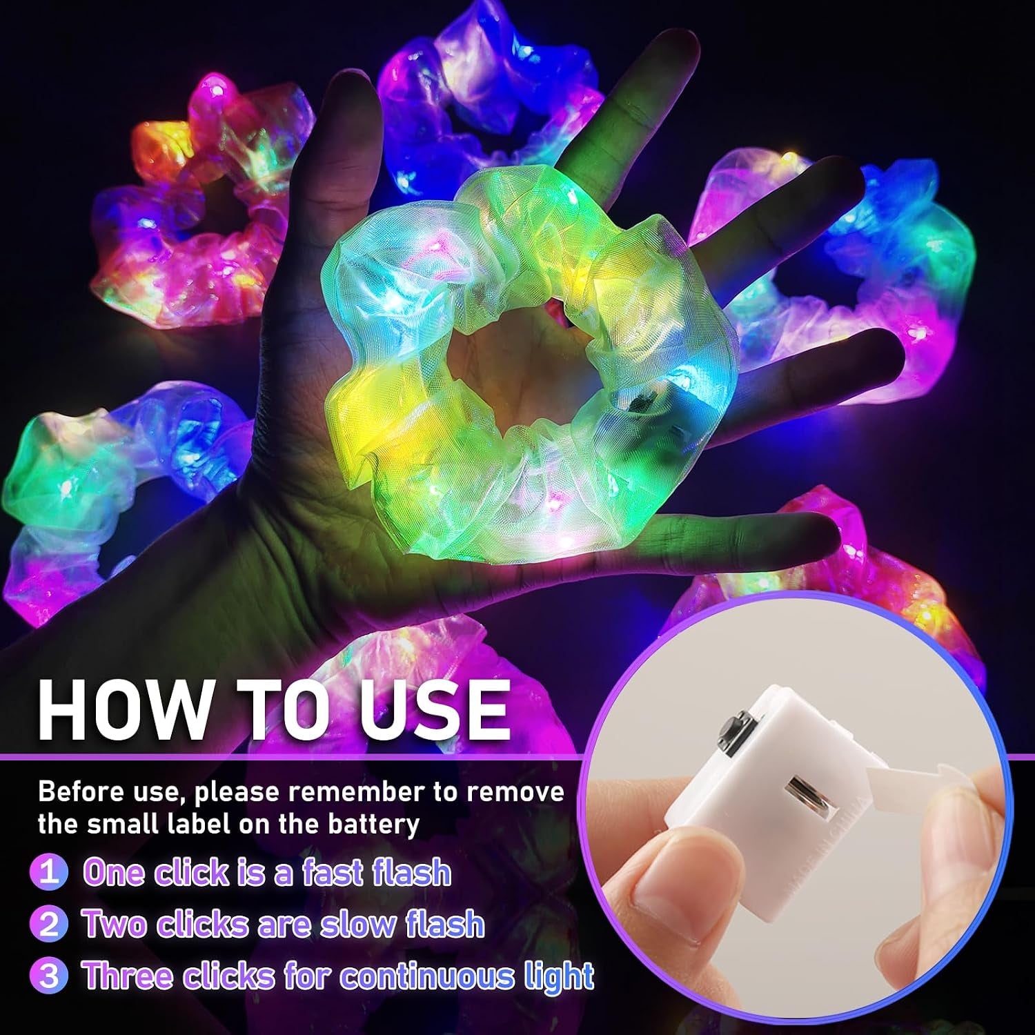 8 Pcs Light up Hair Scrunchies for Girls Women 3 Light Modes, 8 Hour Glow, Glow Party Accessories for Rave Festival