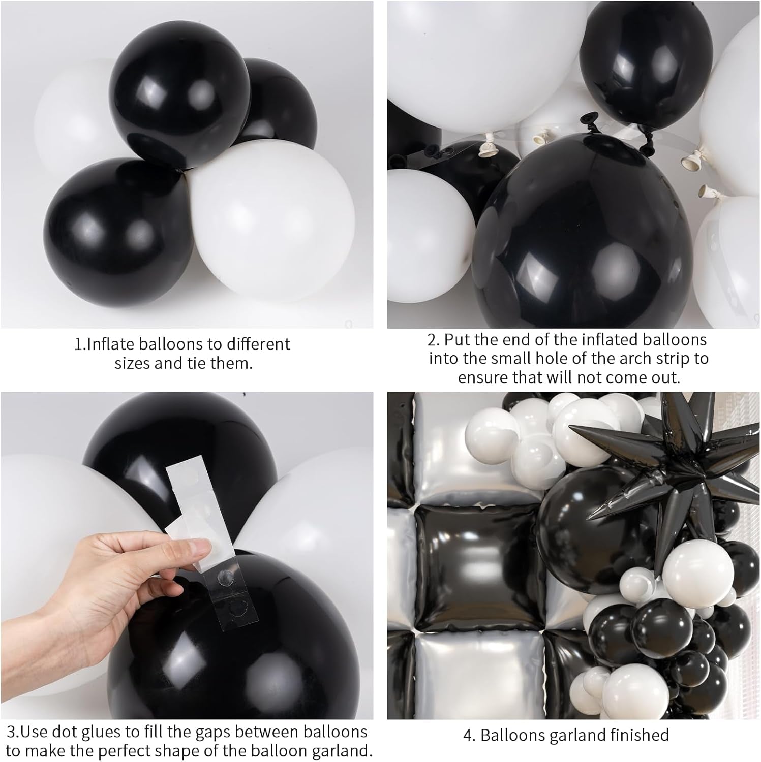 25Pcs Black and White Double Sided Foil Square Balloon Backdrop Wall with 139Pcs White Black Star Balloons Arch Balloon Tunnel for Checkered Racing Car Birthday New Year Party Decoration