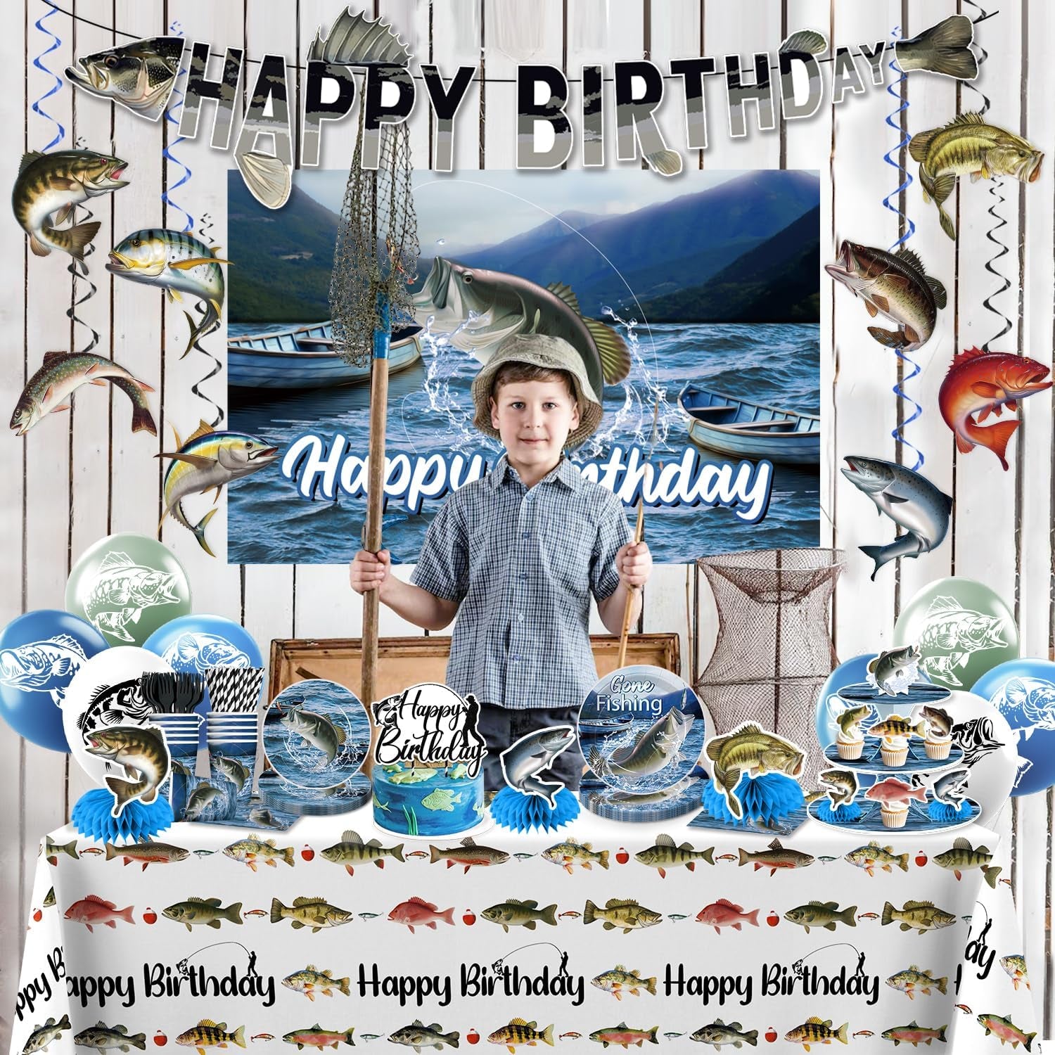 219 Pcs Fishing Birthday Party Decorations Serves 25 Guests, Fish All-In-One Birthday Tableware Set with Plates, Backdrop, Cupcake Stand, Napkins, Banner, Tablecloth, Cake Topper and Centerpieces