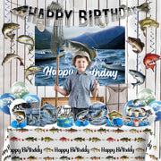 219 Pcs Fishing Birthday Party Decorations Serves 25 Guests, Fish All-In-One Birthday Tableware Set with Plates, Backdrop, Cupcake Stand, Napkins, Banner, Tablecloth, Cake Topper and Centerpieces