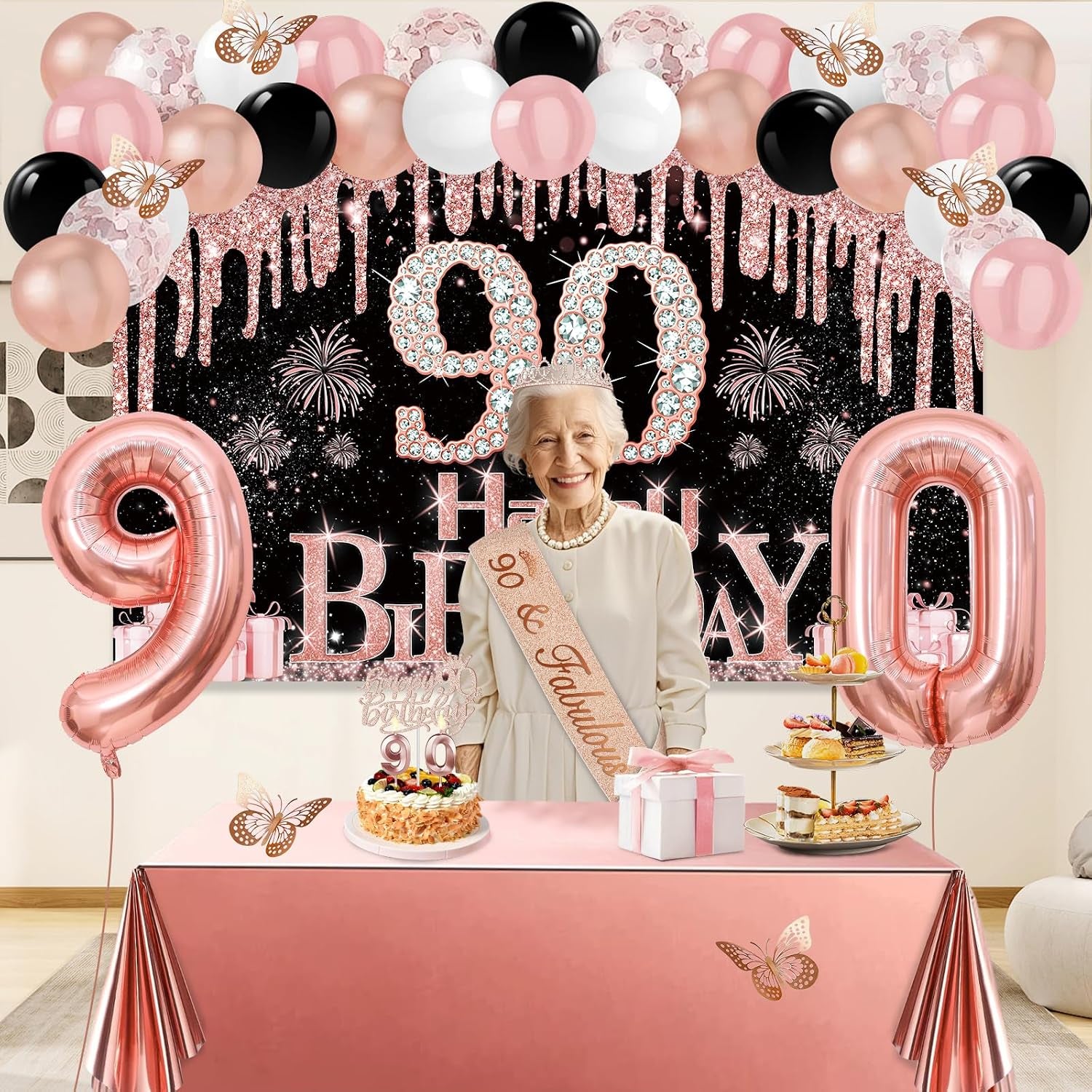 90Th Birthday Decorations for Women, 49Pcs Black Rose Gold Black Happy 90Th Birthday Banner, Tablecloth, Butterfly Decor, Sash and Tiara, Cake Topper, Candles, Balloons Arch
