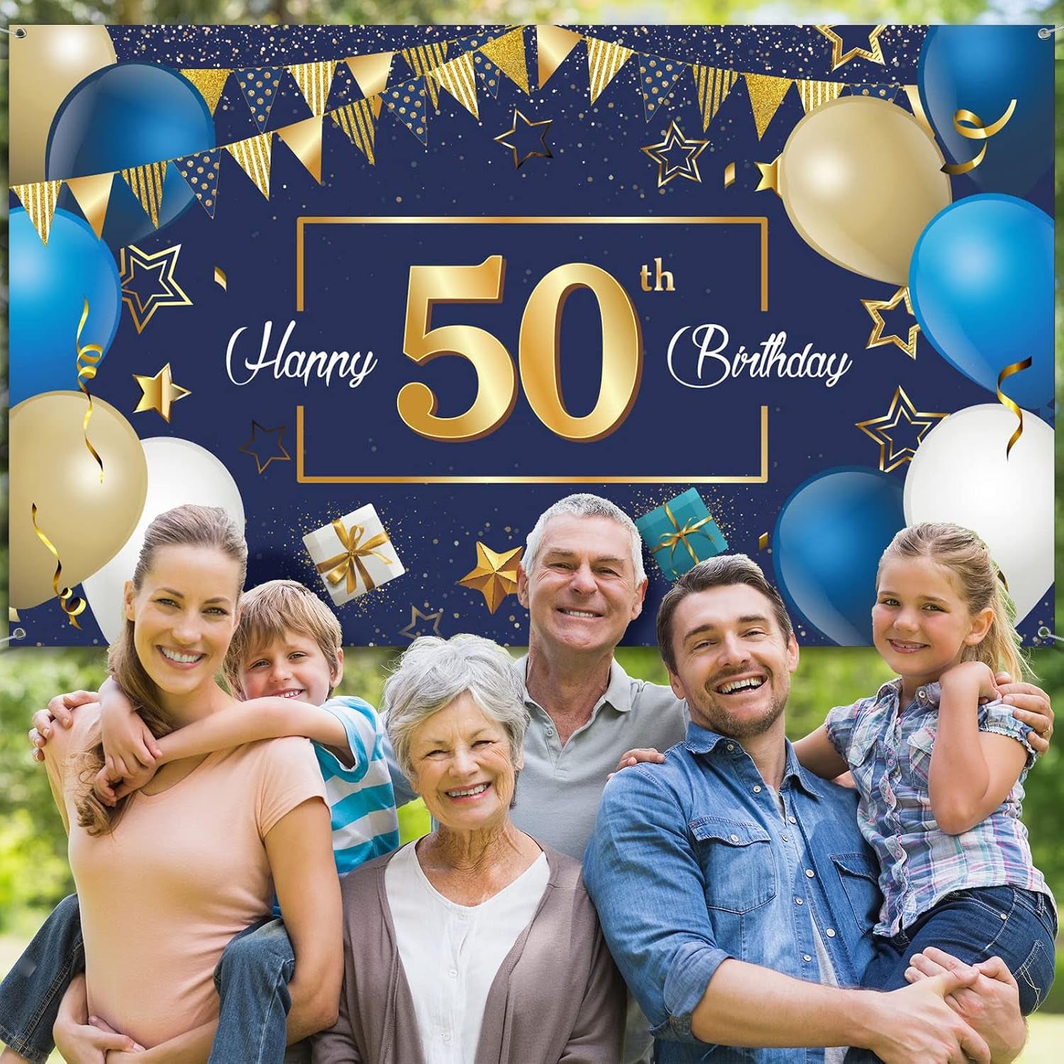 Navy Blue 50Th Happy Birthday Party Decorations Blue and Gold 50 Birthday Photography Backdrop Banner Confetti Balloons Arch Kit for Men Women 50Th Party Decorations Supplies