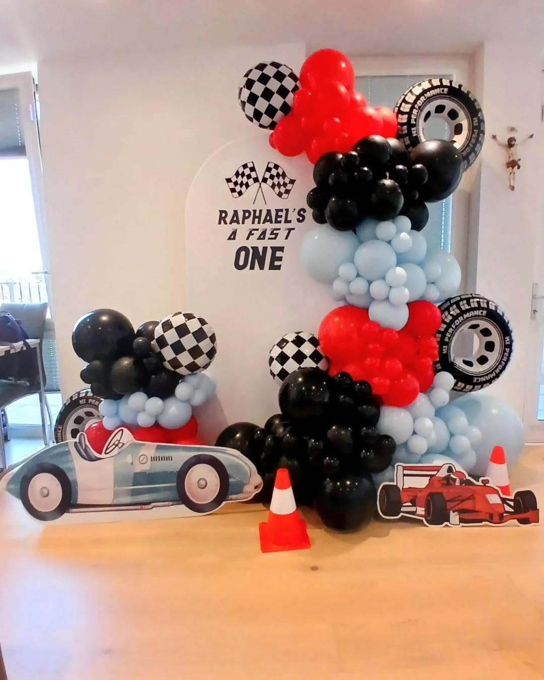 Race Car Balloon Arch Garland Kit - 154-Piece Set with Tire Flags and Checkered Balloons for Racing-Themed Birthday and Anniversary Celebrations