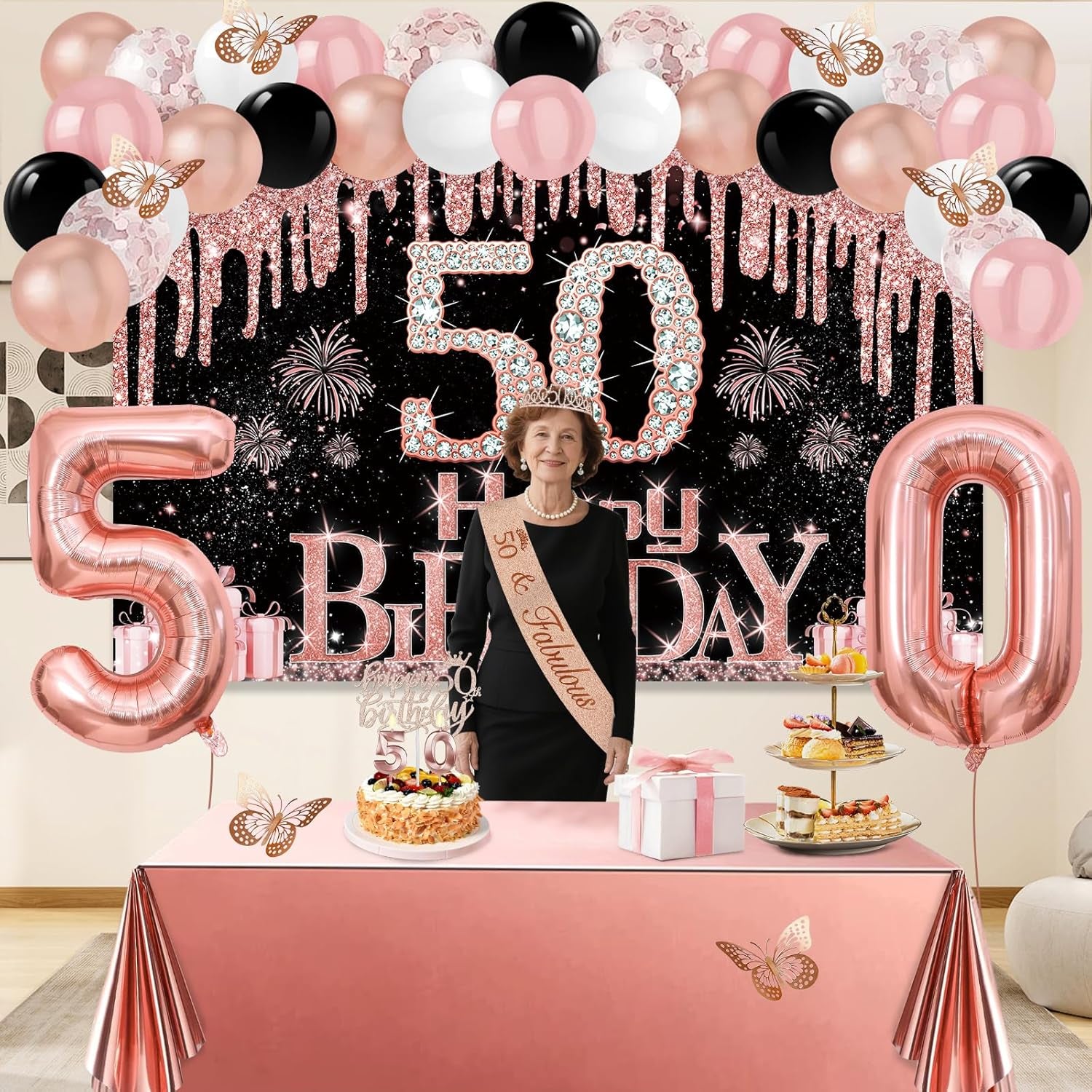 50Th Birthday Decorations for Women, 49Pcs Black Rose Gold Black Happy 50Th Birthday Banner, Tablecloth, Butterfly Decor, Sash and Tiara, Cake Topper, Candles, Balloons Arch