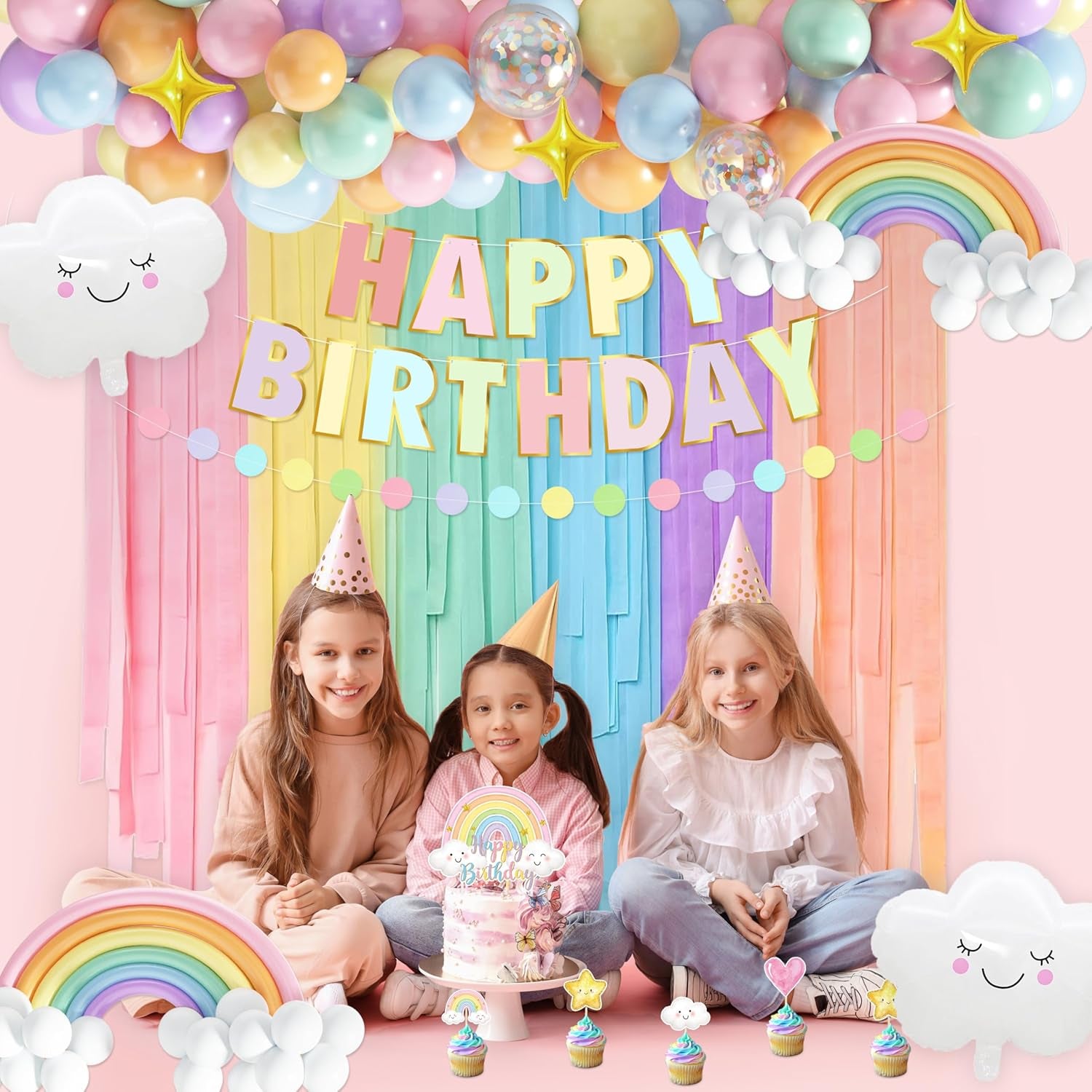 Pastel Rainbow Birthday Decorations 182Pcs Rainbow Party Supplies, Include Pastel Balloon Arch Kit with Rainbow Foil Balloons Streamer Backdrop Tablecloth Banner Garland Cake Toppers Paper Pompoms