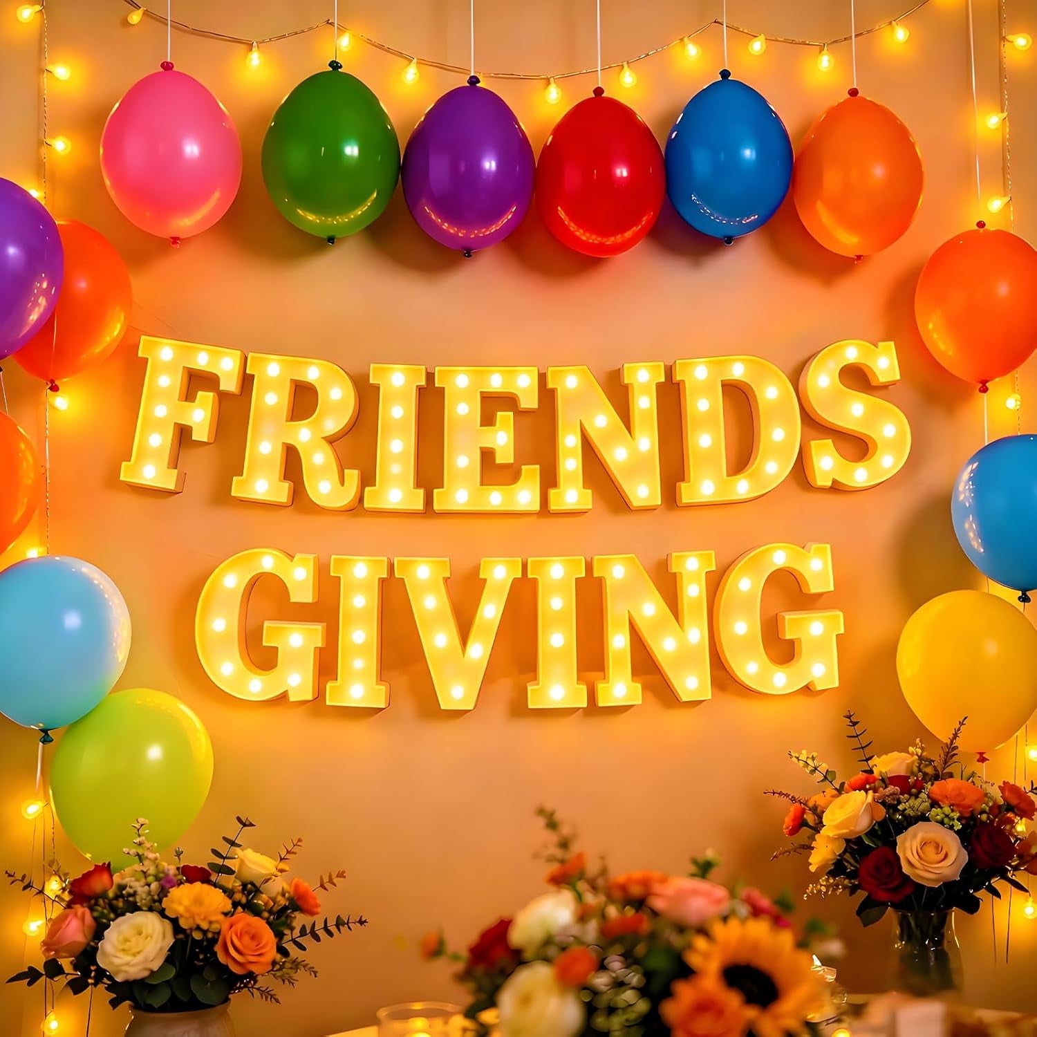 Friends Giving Party Decorations, Light up Letters Sign with 40 round Pearlescent Balloons, Led Marquee Lights Table Decoration for Friends Themed Party Birthday Galentines Decor Thanksgiving