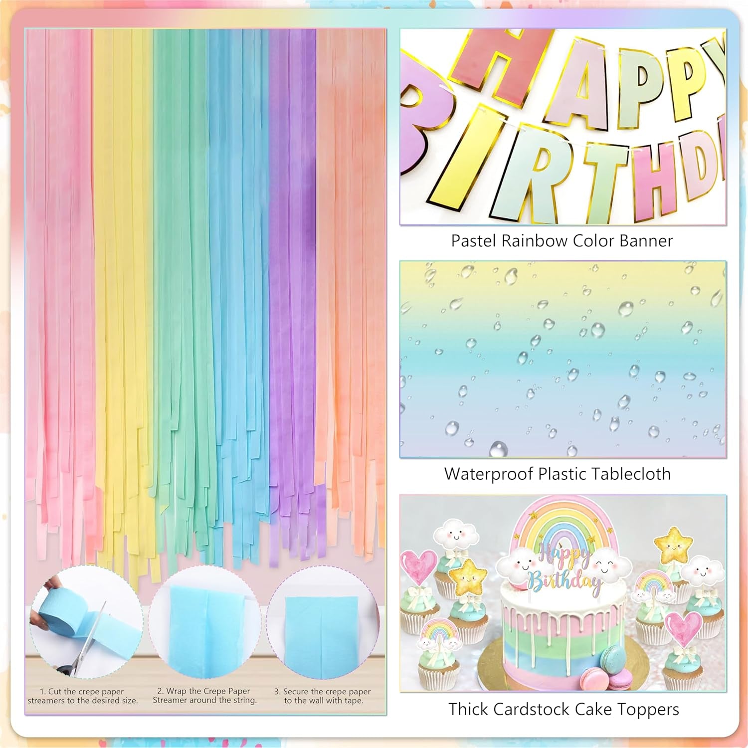 Pastel Rainbow Birthday Decorations 182Pcs Rainbow Party Supplies, Include Pastel Balloon Arch Kit with Rainbow Foil Balloons Streamer Backdrop Tablecloth Banner Garland Cake Toppers Paper Pompoms