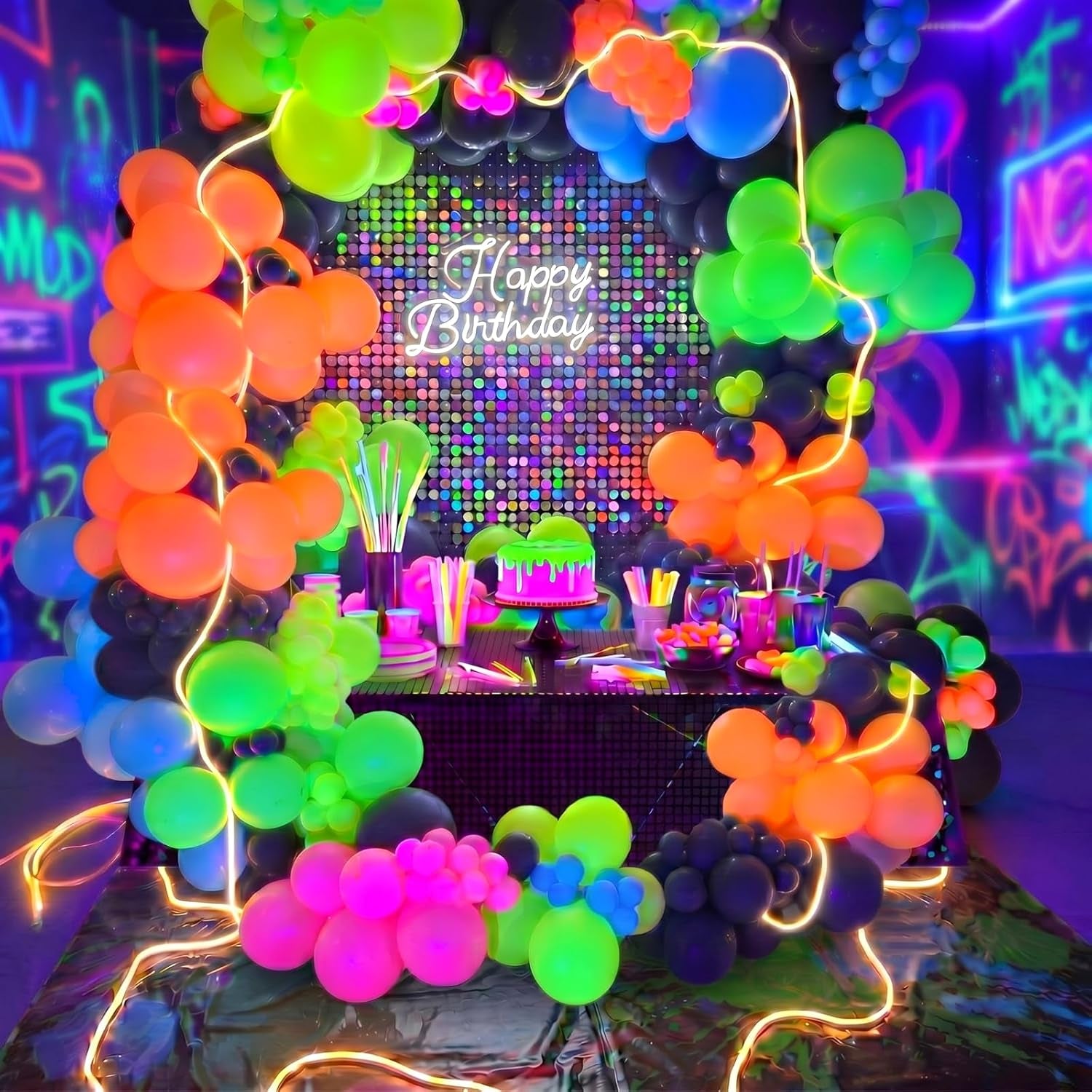 150 Pcs Neon Balloons Arch Garland Kit with Warm White LED Light Strip Glow in the Dark Party Decorations Colorful Fluorescent Balloons for Back to 80S 90S Glow Disco Party Decorations