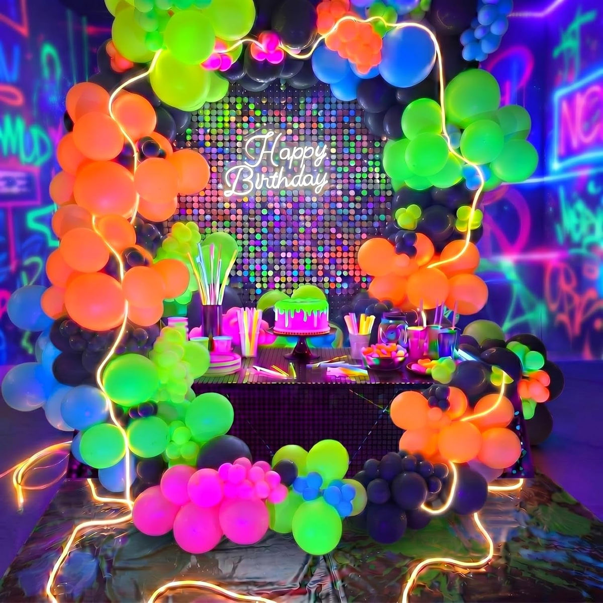 150 Pcs Neon Balloons Arch Garland Kit with Warm White LED Light Strip Glow in the Dark Party Decorations Colorful Fluorescent Balloons for Back to 80S 90S Glow Disco Party Decorations