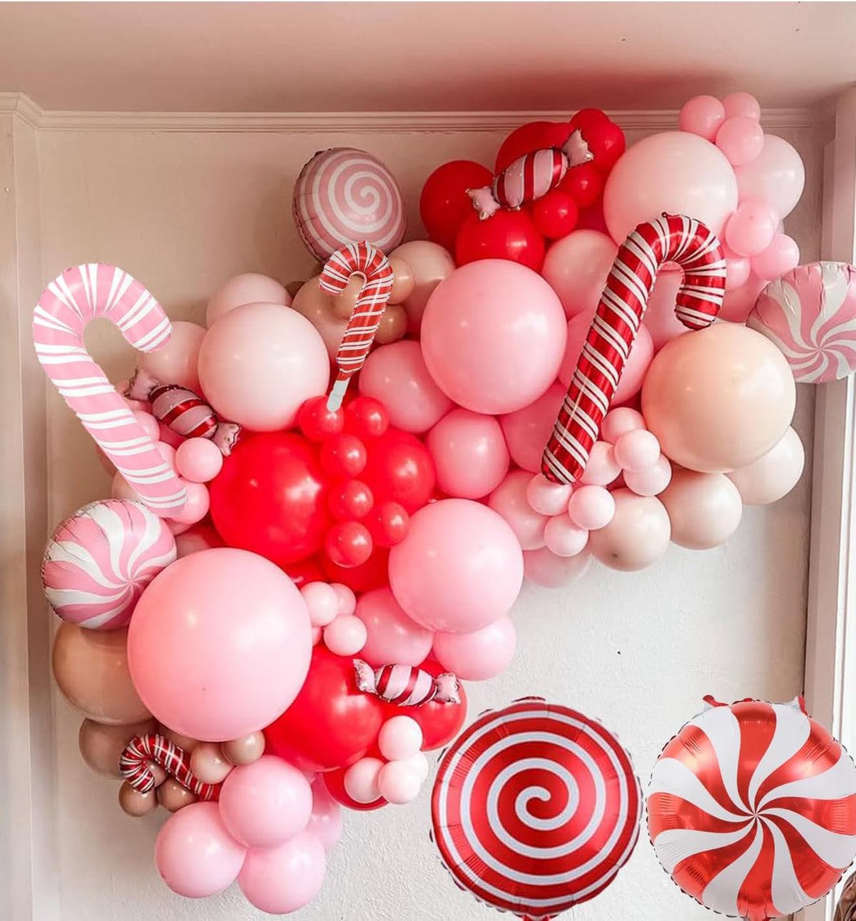 150-Piece Christmas Balloon Arch Kit - Pink, Red, White, and Silver Balloon Garland with Candy Cane and Lollipop Foil Balloons for Holiday Celebrations, Birthdays, and Baby Showers